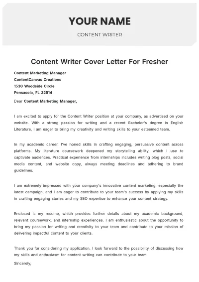 Free Content Writer Cover Letter For Fresher to Edit Online