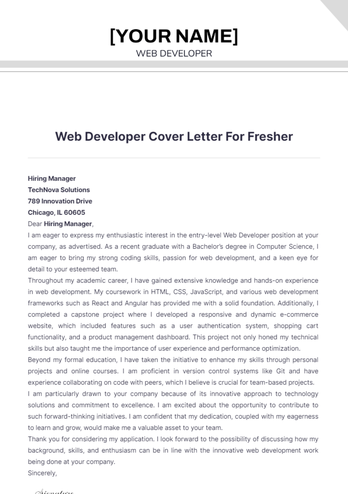 Web Developer Cover Letter For Fresher - Edit Online & Download