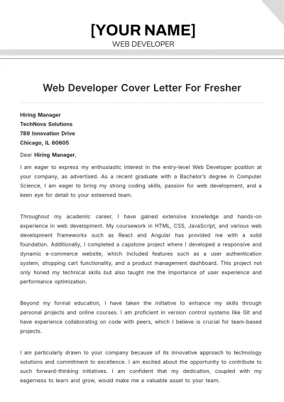 Free Web Developer Cover Letter For Fresher to Edit Online