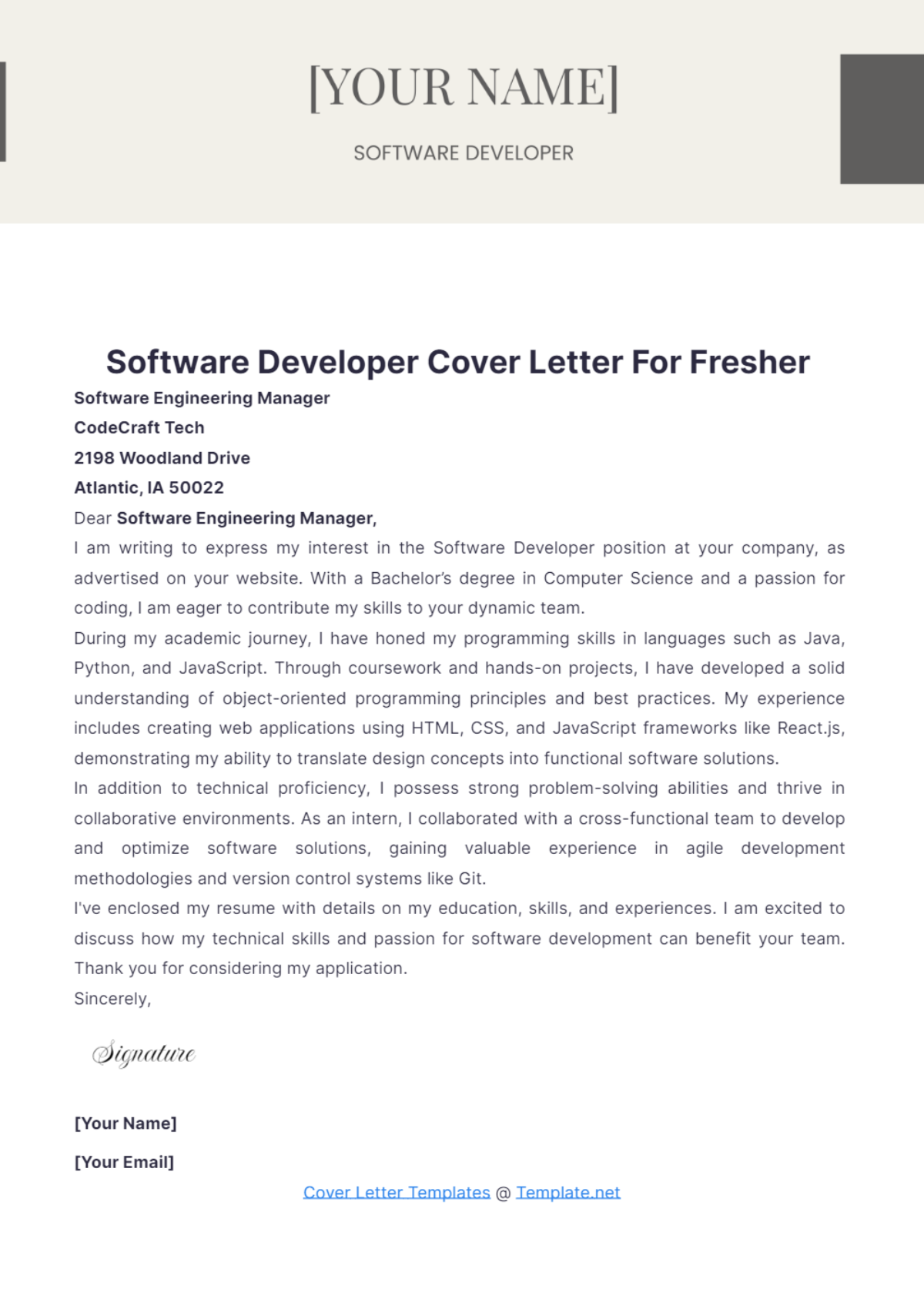 Software Developer Cover Letter For Fresher - Edit Online & Download