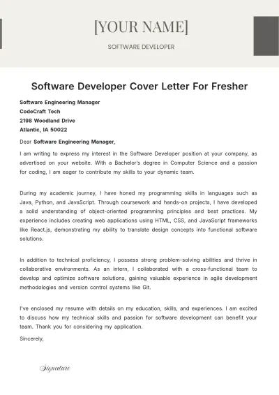 Free Software Developer Cover Letter For Fresher to Edit Online