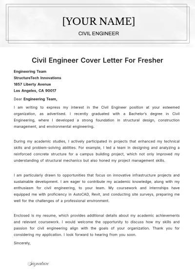 Free Civil Engineer Cover Letter For Fresher to Edit Online