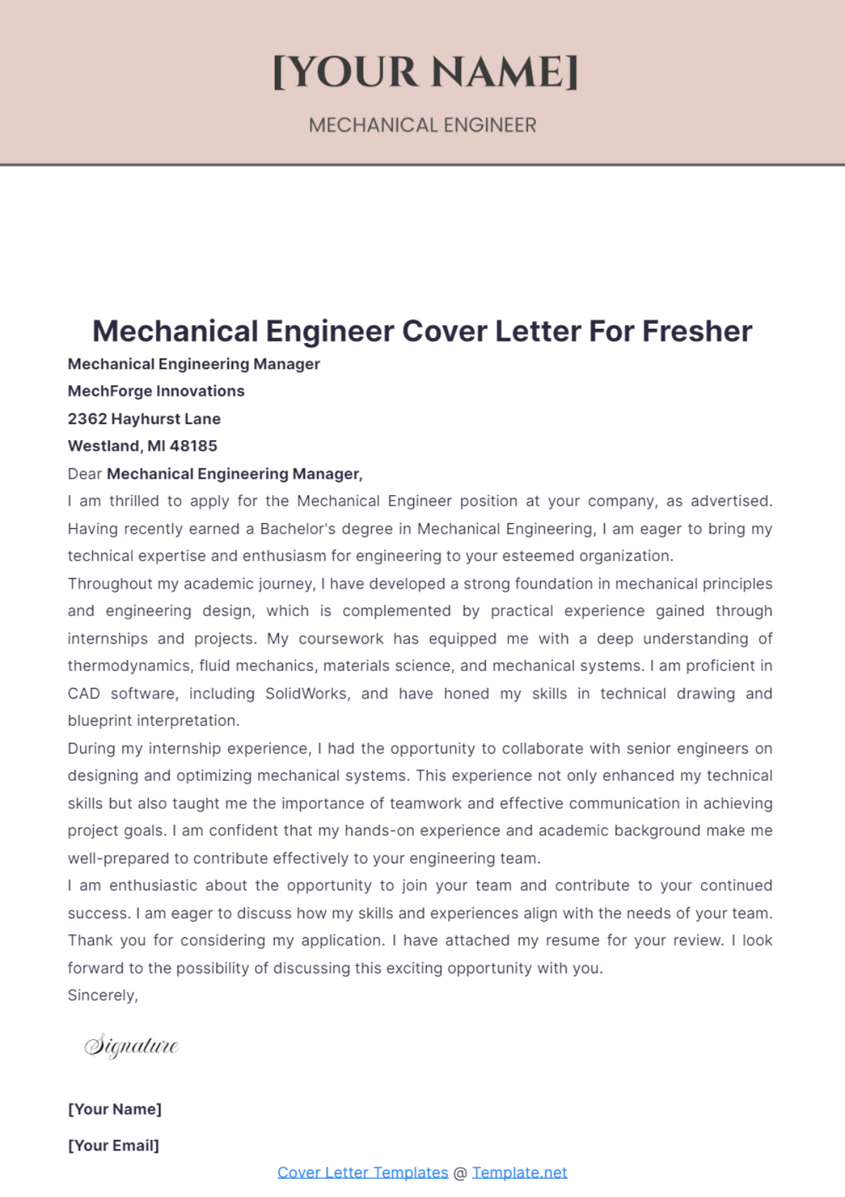 Mechanical Engineer Cover Letter For Fresher - Edit Online & Download