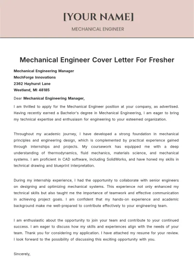 Free Mechanical Engineer Cover Letter For Fresher to Edit Online