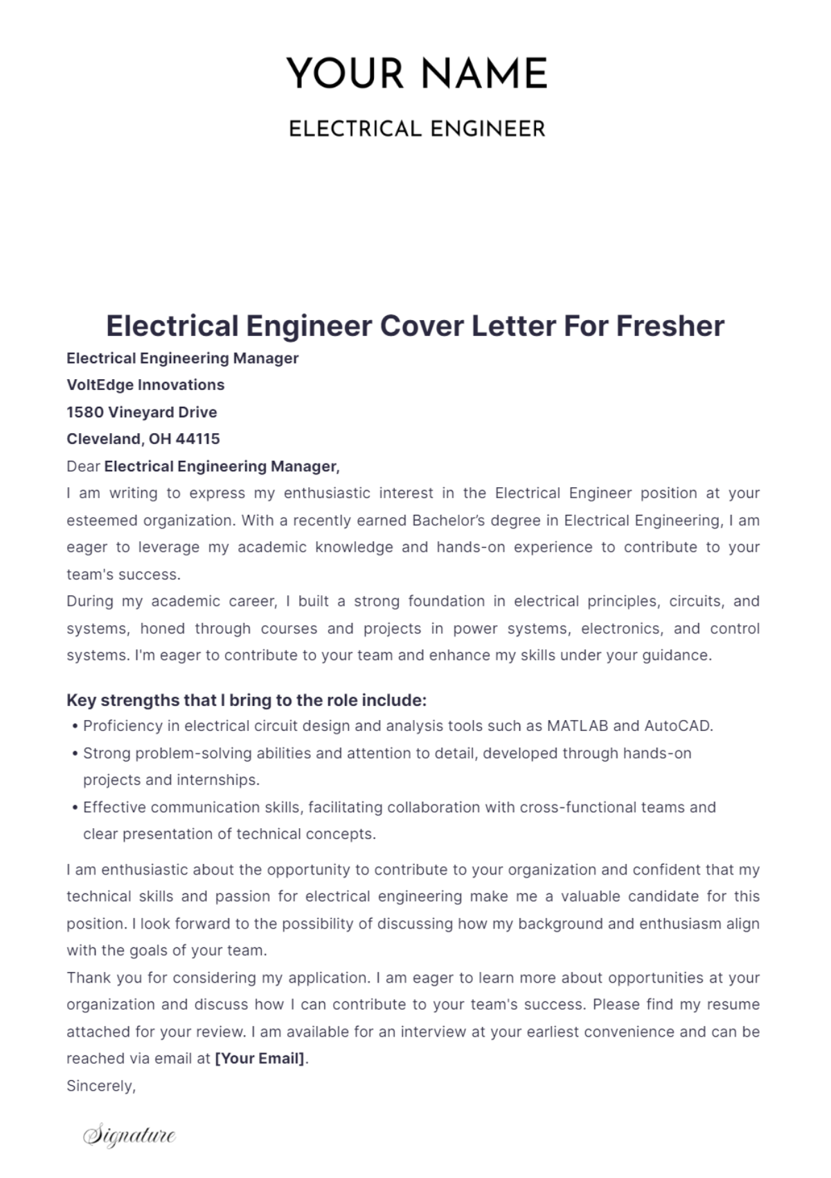 Electrical Engineer Cover Letter For Fresher - Edit Online & Download