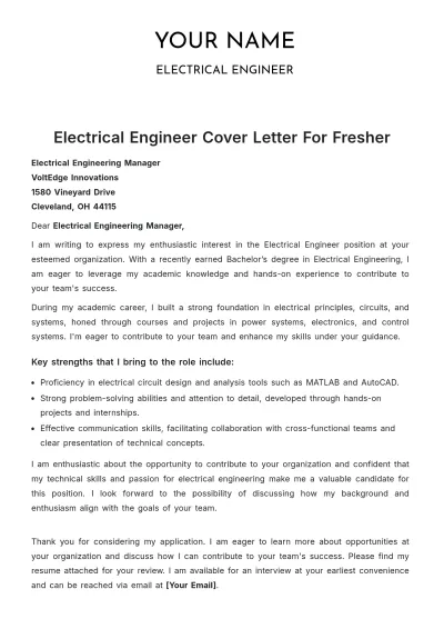 Free Electrical Engineer Cover Letter For Fresher to Edit Online