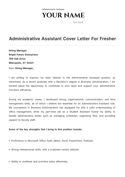 Free Administrative Assistant Cover Letter For Fresher Template to Edit Online