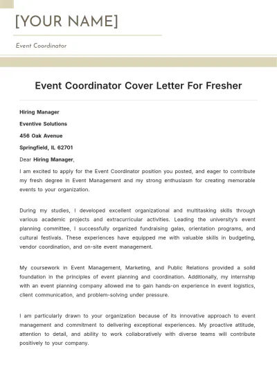 Free Event Coordinator Cover Letter For Fresher to Edit Online