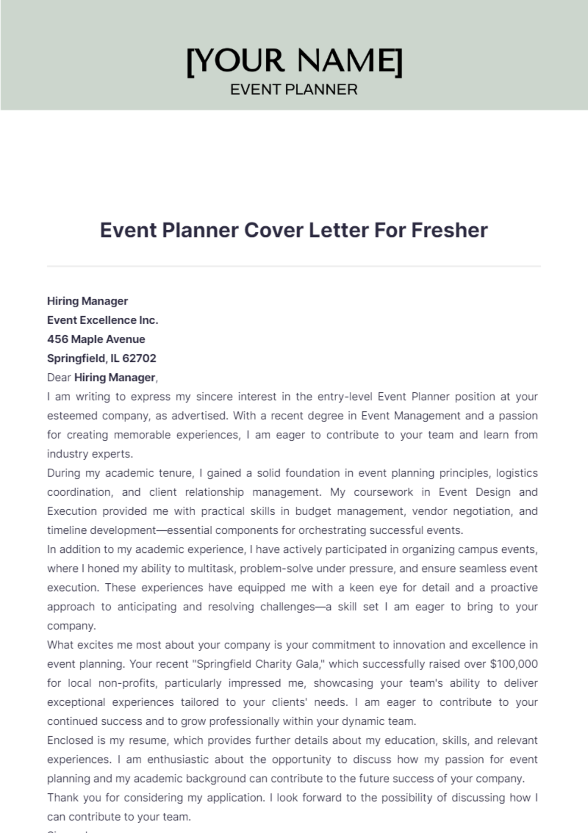 Event Planner Cover Letter For Fresher - Edit Online & Download