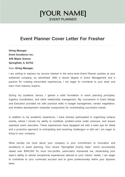 Free Event Planner Cover Letter For Fresher to Edit Online