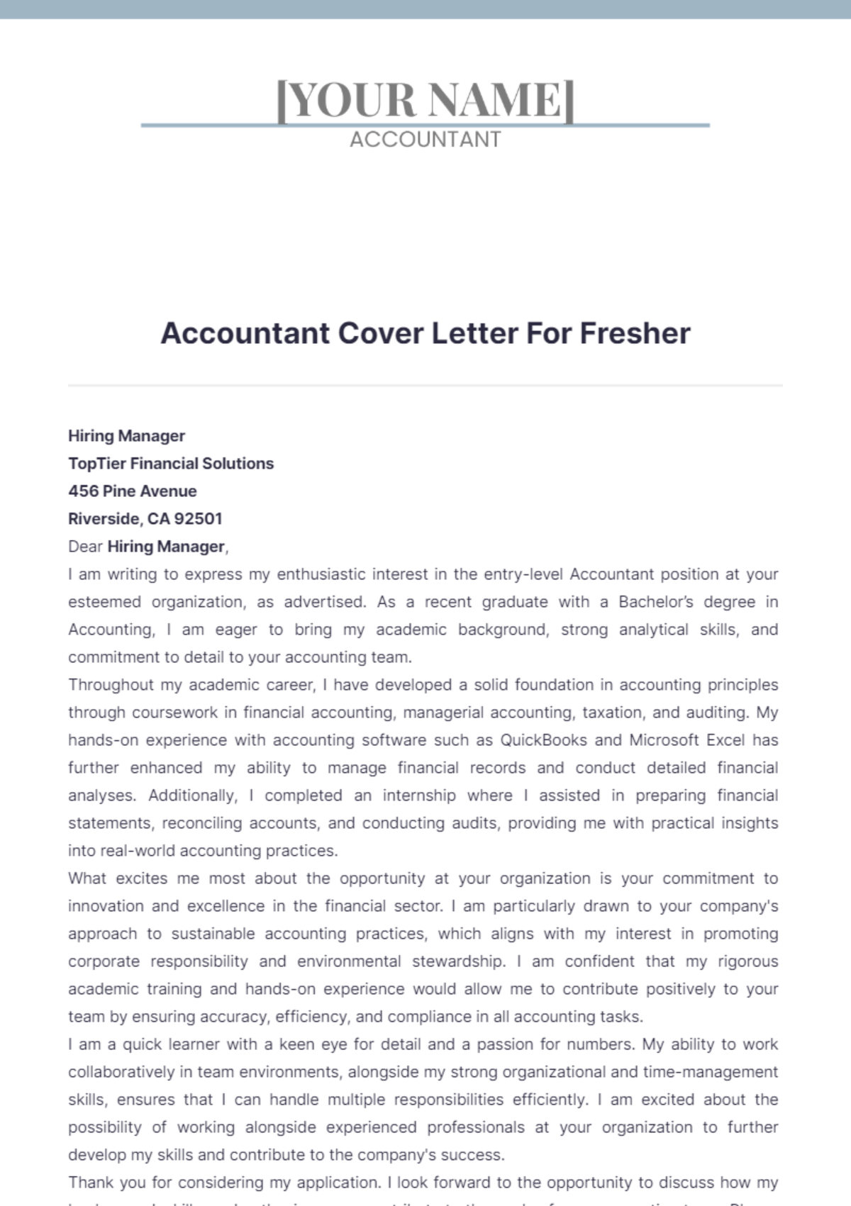 Accountant Cover Letter For Fresher - Edit Online & Download