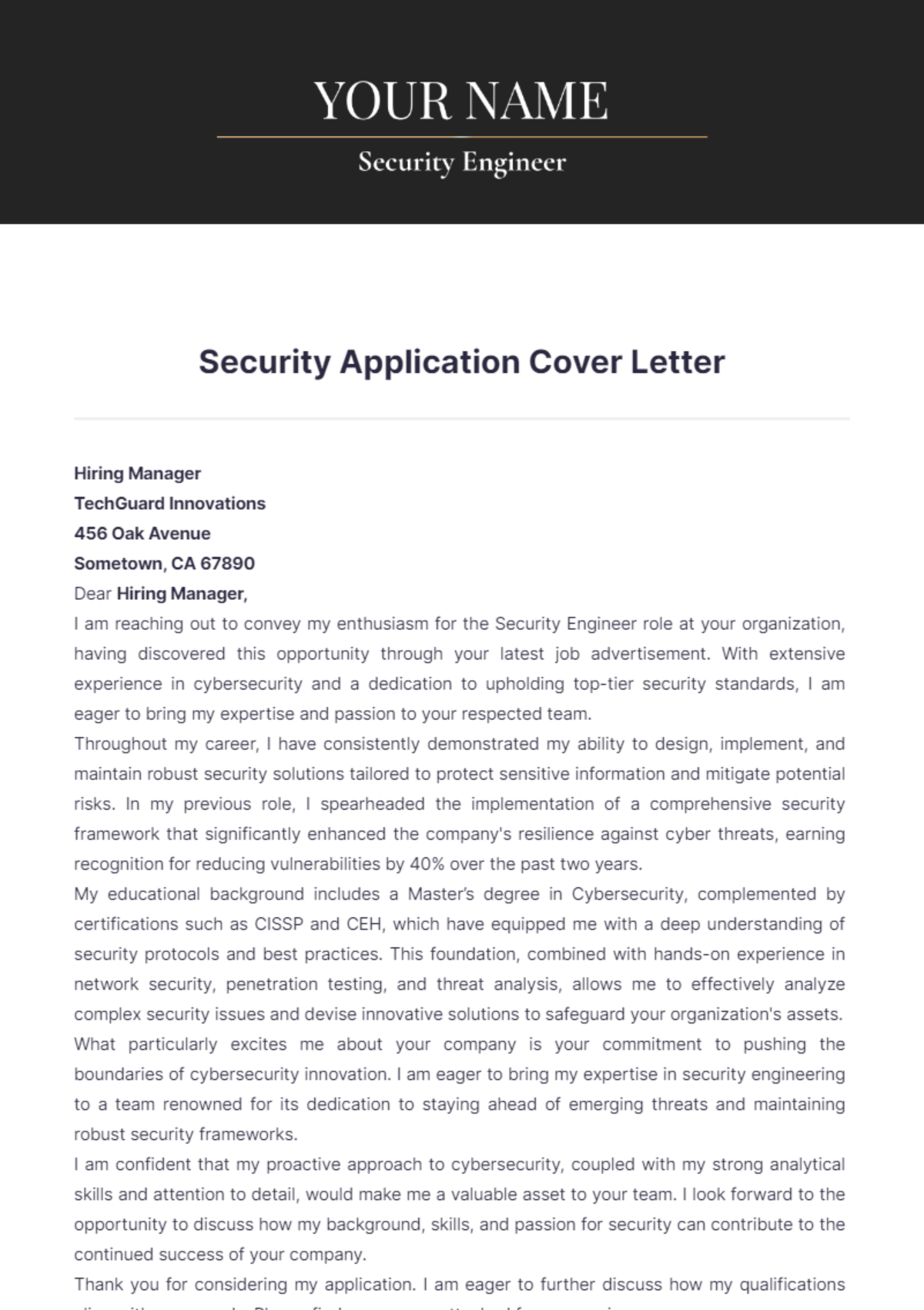 Security Application Cover Letter - Edit Online & Download