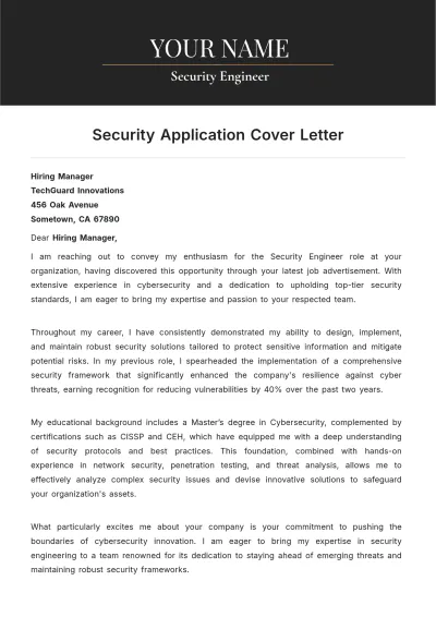 Free Security Application Cover Letter to Edit Online