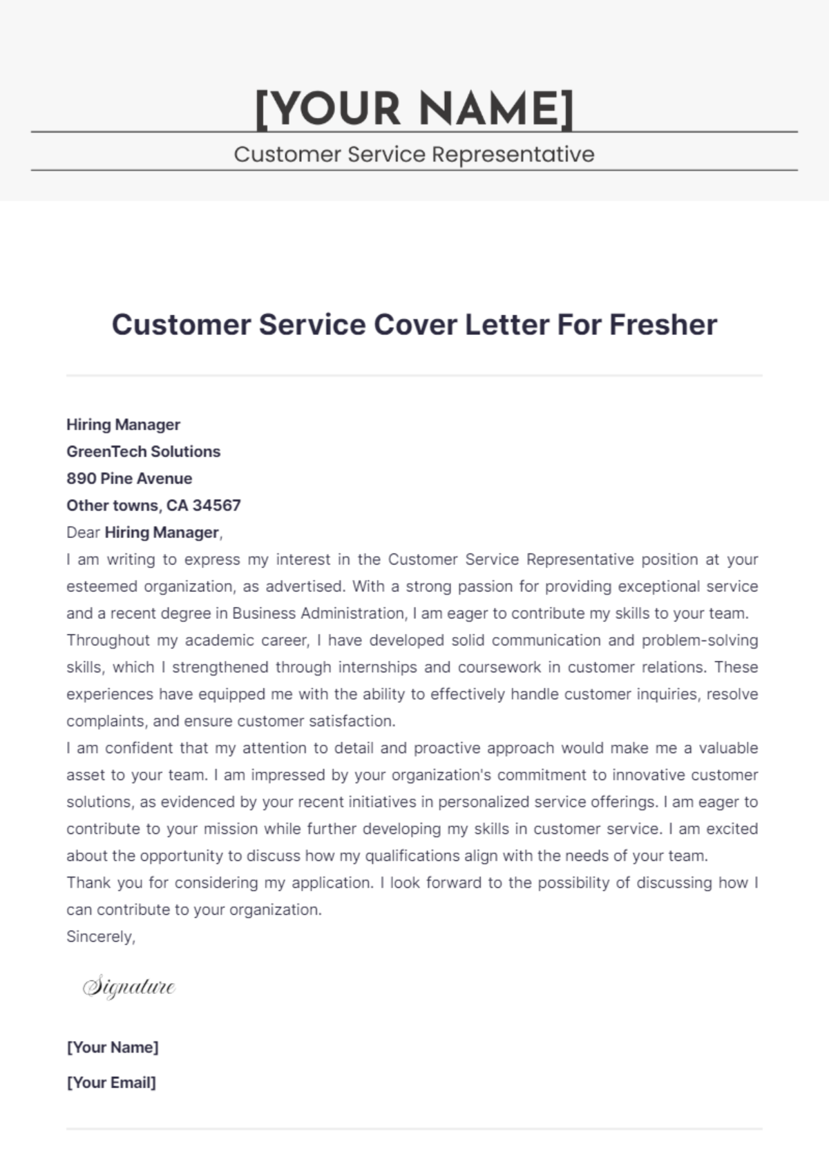 Customer Service Cover Letter For Fresher - Edit Online & Download