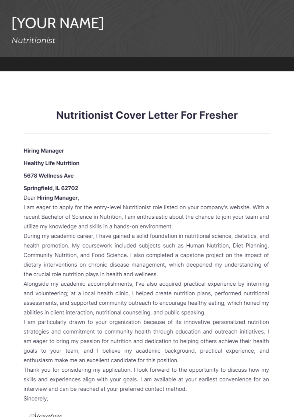 Nutritionist Cover Letter For Fresher - Edit Online & Download