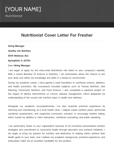 Free Nutritionist Cover Letter For Fresher to Edit Online