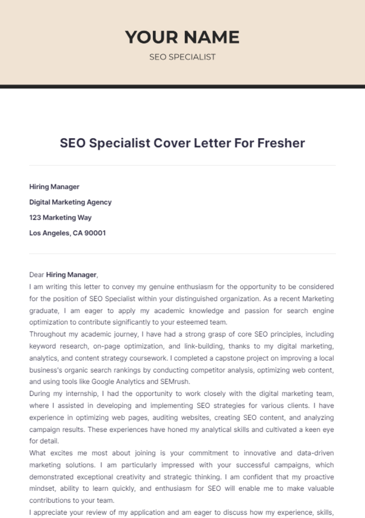 SEO Specialist Cover Letter For Fresher - Edit Online & Download