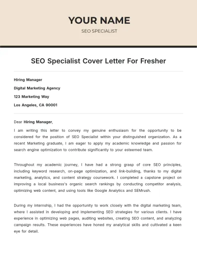 Free SEO Specialist Cover Letter For Fresher to Edit Online