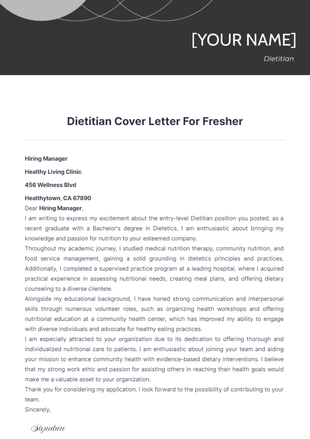 Dietitian Cover Letter For Fresher - Edit Online & Download