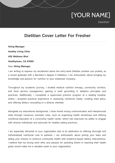 Free Dietitian Cover Letter For Fresher to Edit Online