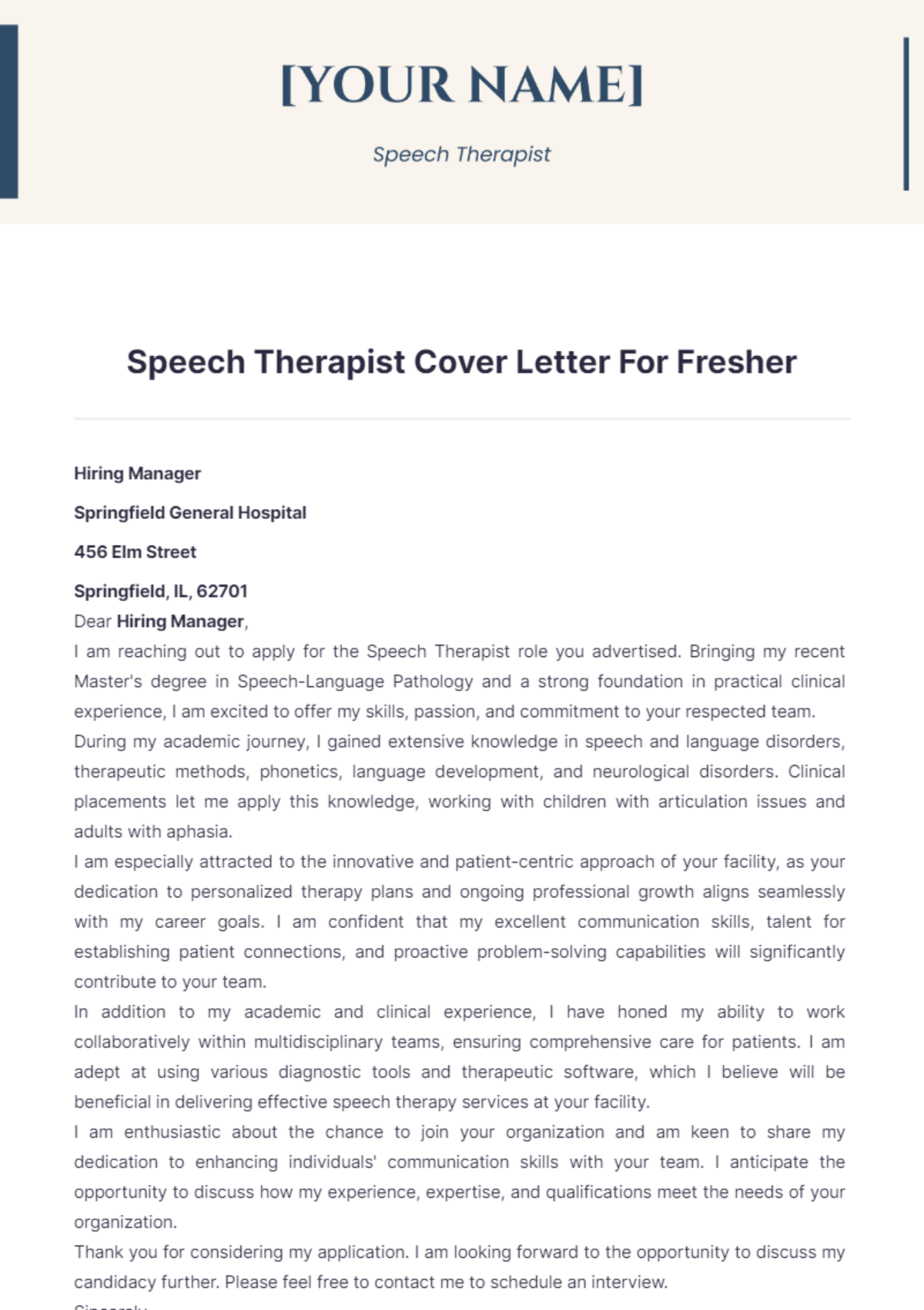 Speech Therapist Cover Letter For Fresher - Edit Online & Download