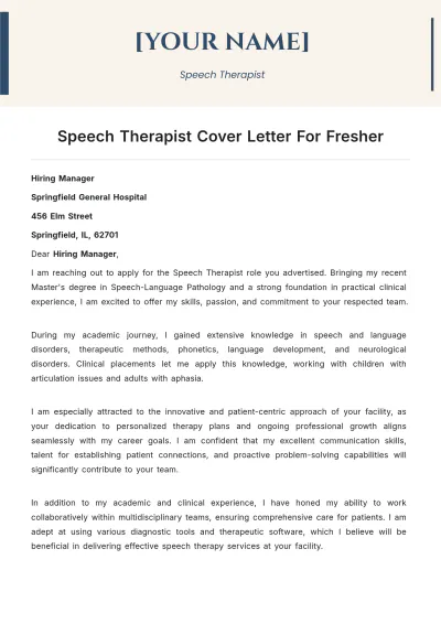 Free Speech Therapist Cover Letter For Fresher to Edit Online