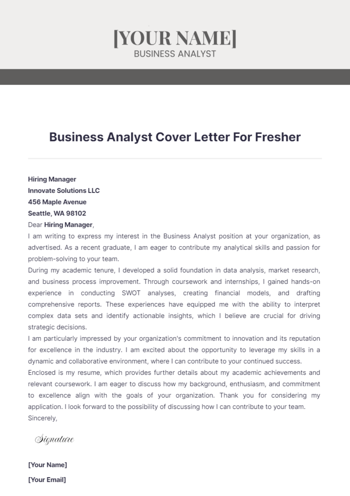 Business Analyst Cover Letter For Fresher - Edit Online & Download