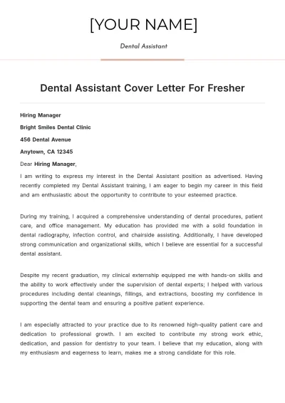 Free Dental Assistant Cover Letter For Fresher to Edit Online
