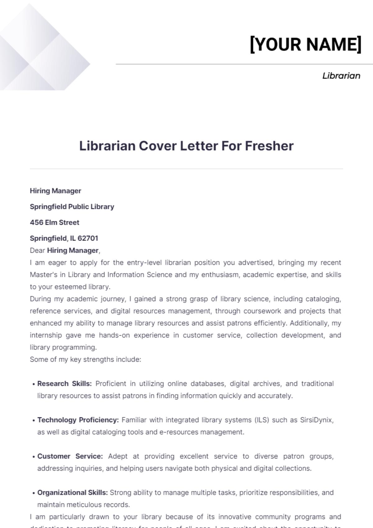 Librarian Cover Letter For Fresher - Edit Online & Download