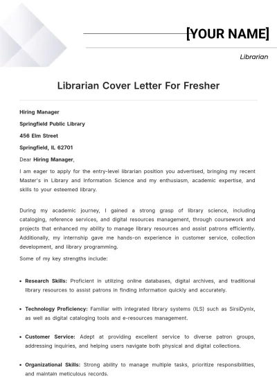 Free Librarian Cover Letter For Fresher to Edit Online