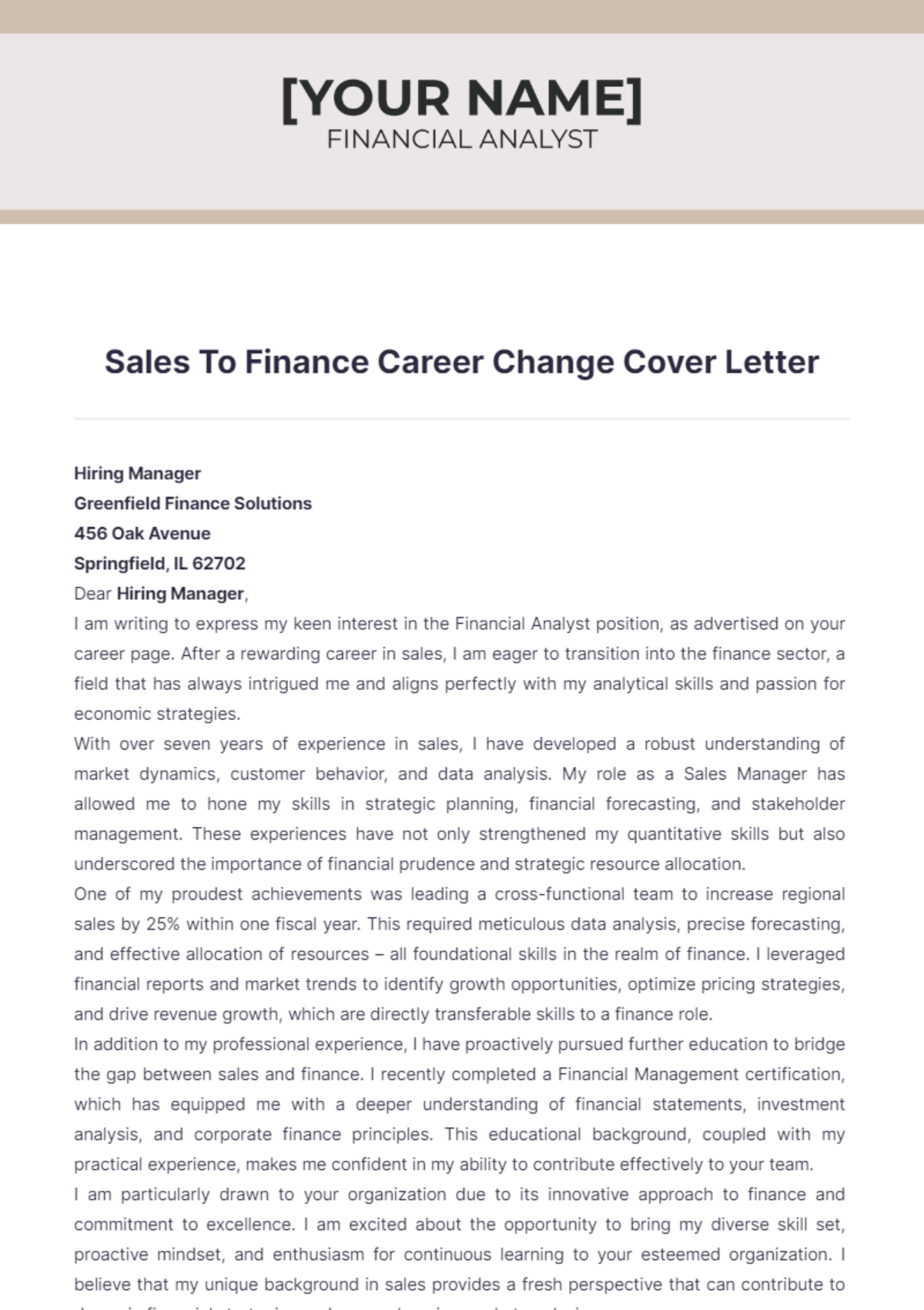 Sales To Finance Career Change Cover Letter - Edit Online & Download