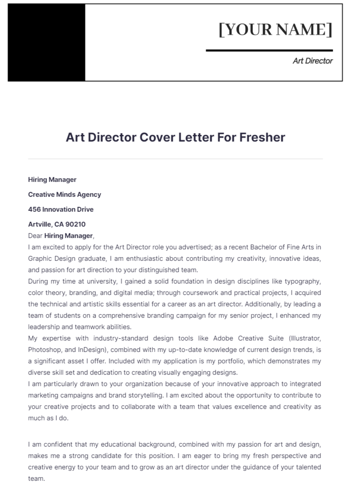 Art Director Cover Letter For Fresher - Edit Online & Download