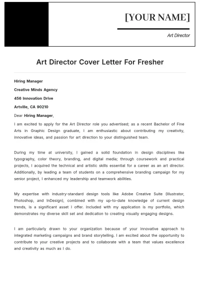 Free Art Director Cover Letter For Fresher to Edit Online
