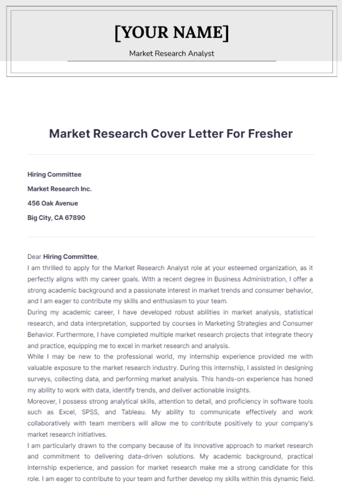 Market Research Cover Letter For Fresher - Edit Online & Download