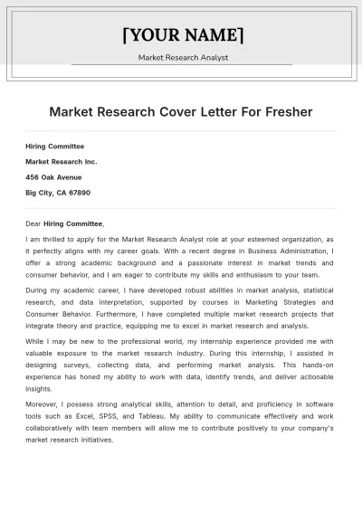 Free Market Research Cover Letter For Fresher to Edit Online