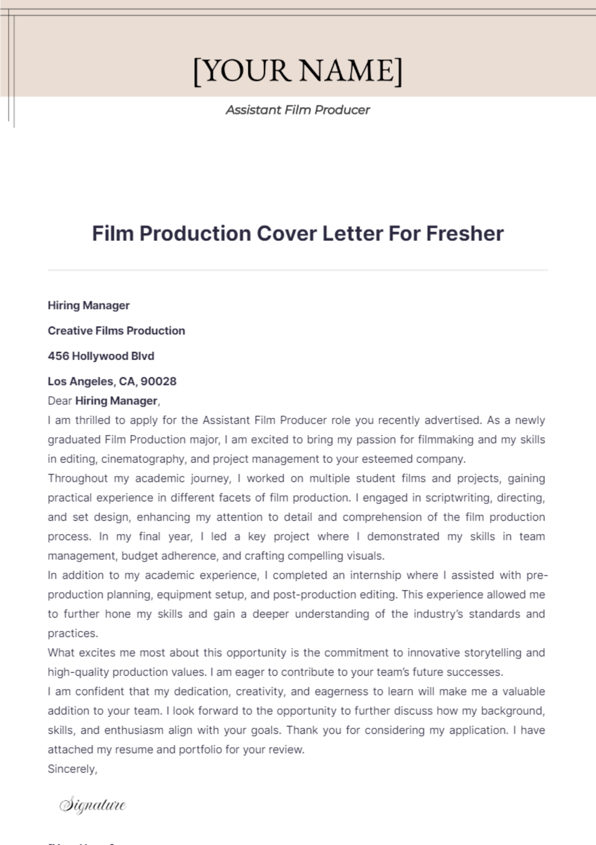 Film Production Cover Letter For Fresher - Edit Online & Download