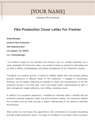 Free Film Production Cover Letter For Fresher to Edit Online
