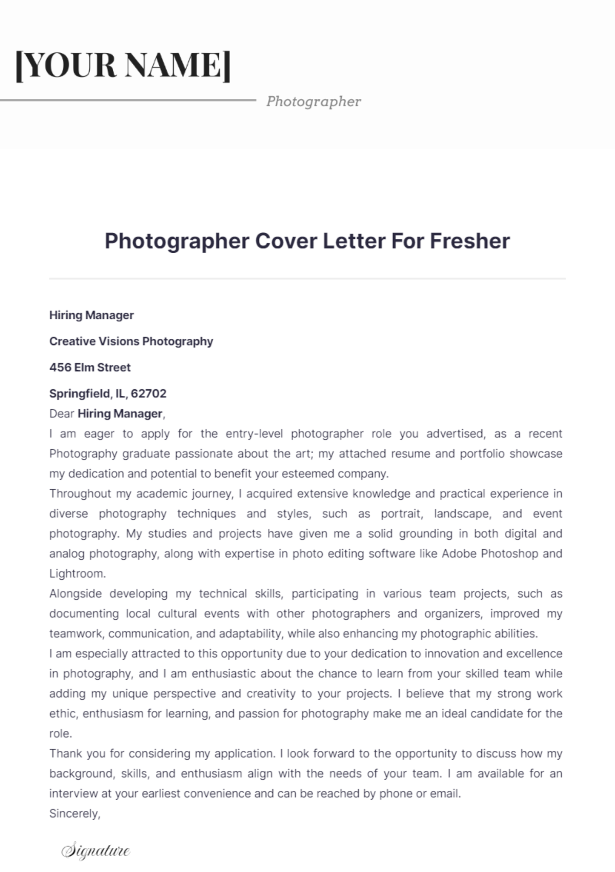 Photographer Cover Letter For Fresher - Edit Online & Download