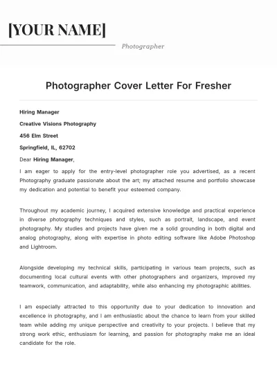 Free Photographer Cover Letter For Fresher to Edit Online