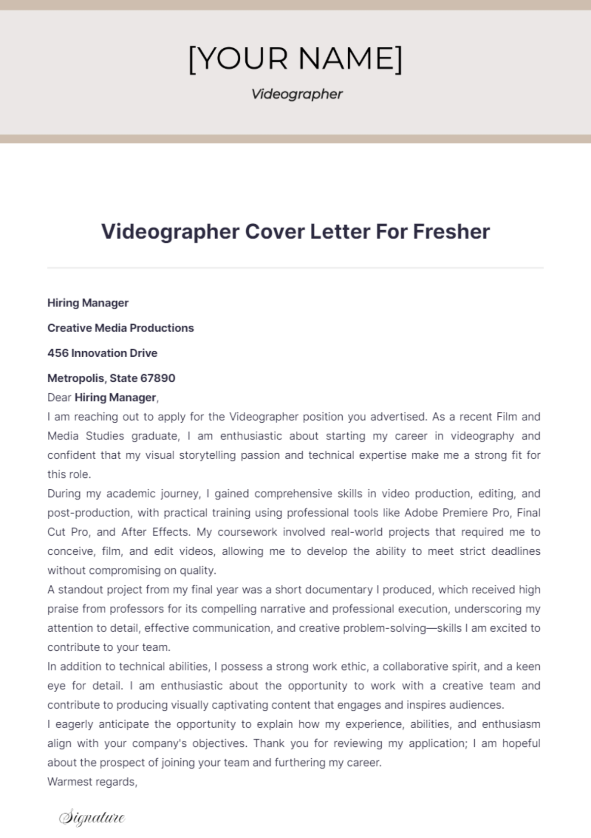 Videographer Cover Letter For Fresher - Edit Online & Download