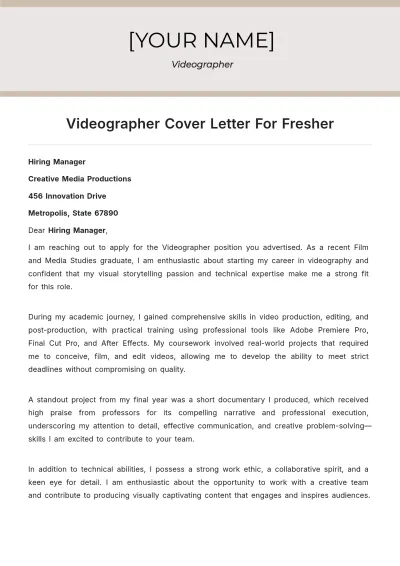 Free Videographer Cover Letter For Fresher to Edit Online