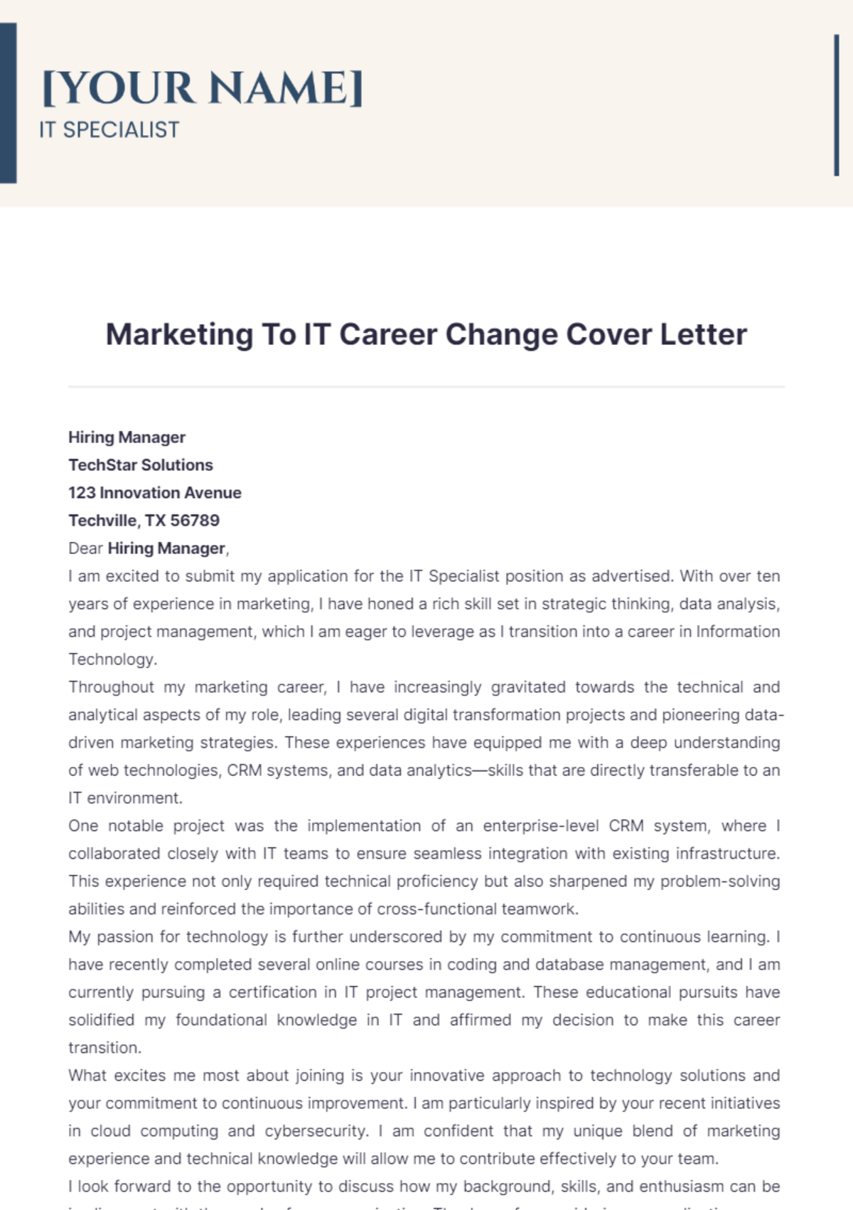 Marketing To IT Career Change Cover Letter - Edit Online & Download