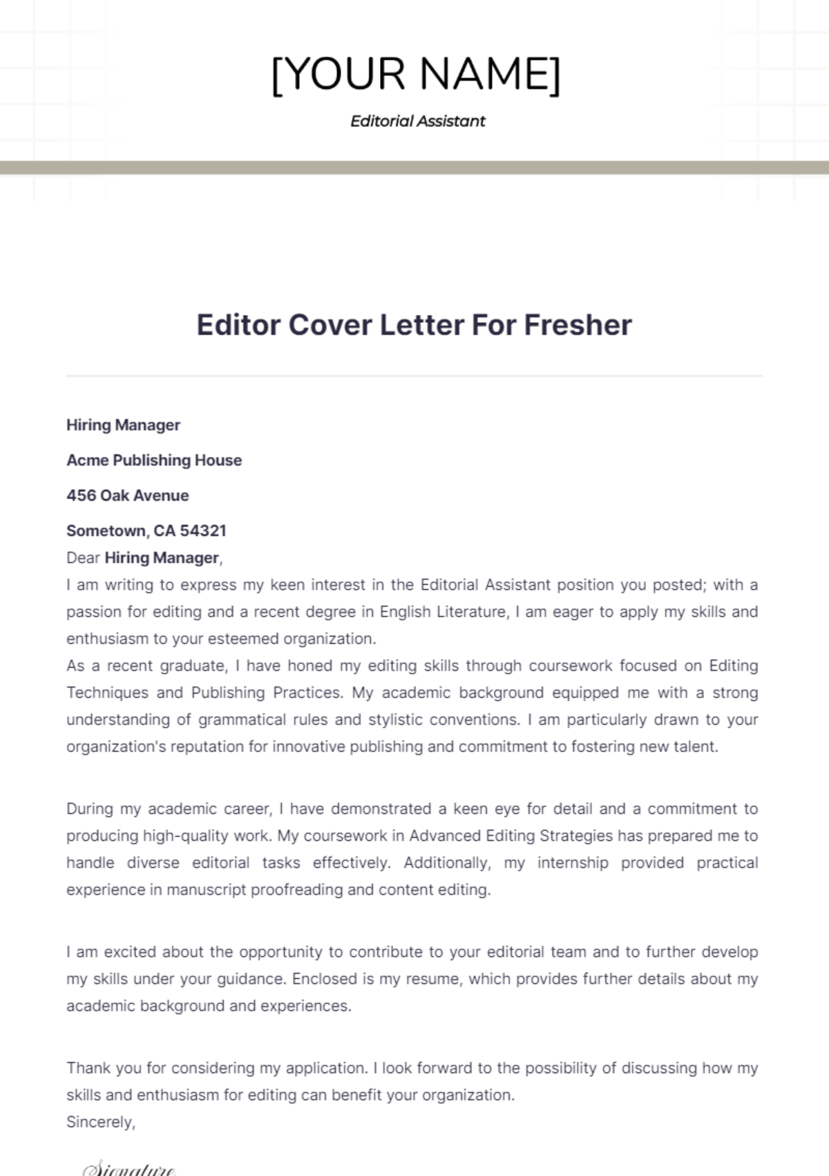 Editor Cover Letter For Fresher - Edit Online & Download