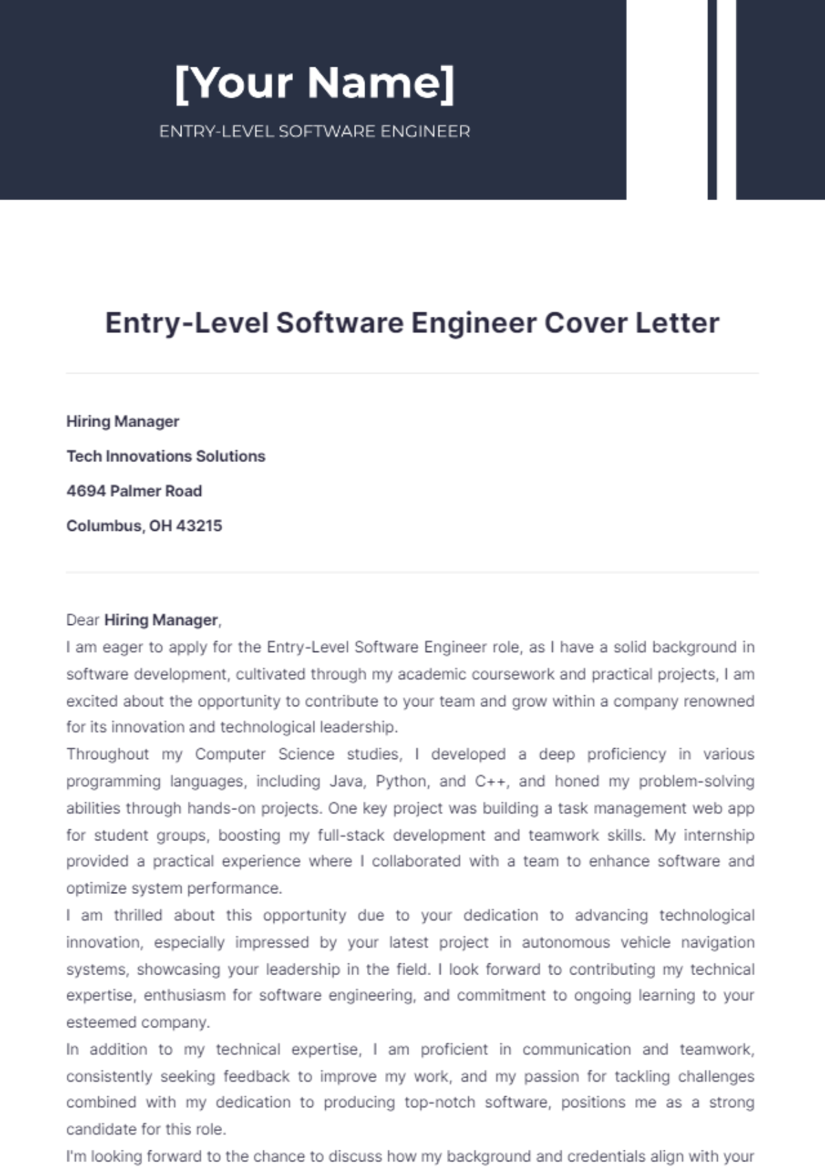 Entry-Level Software Engineer Cover Letter - Edit Online & Download