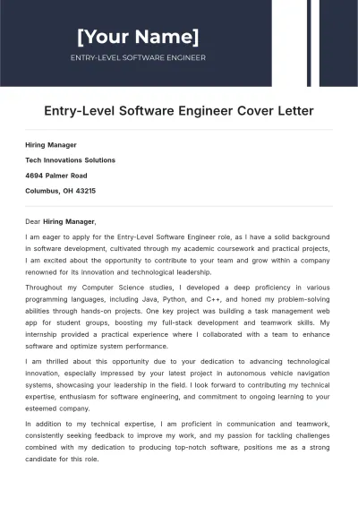 Free Entry-Level Software Engineer Cover Letter to Edit Online