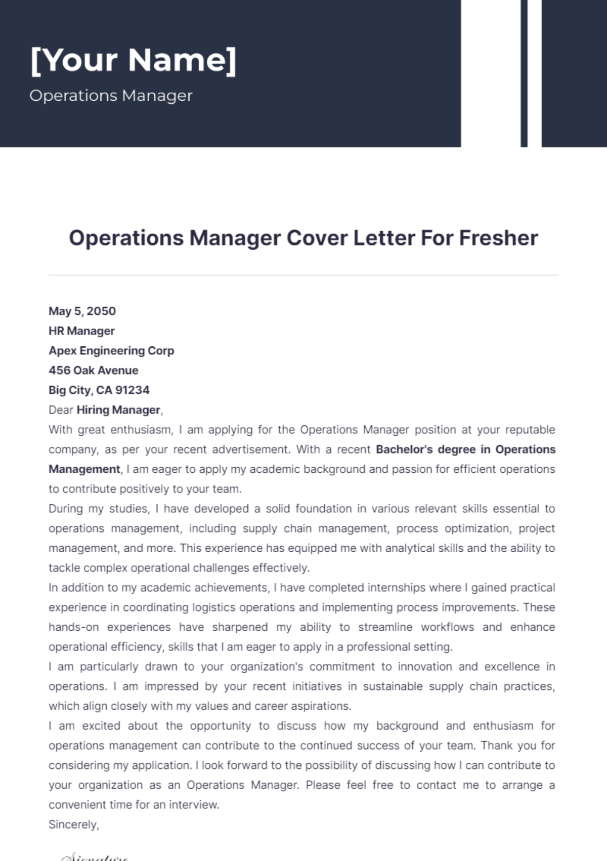 Operations Manager Cover Letter For Fresher - Edit Online & Download