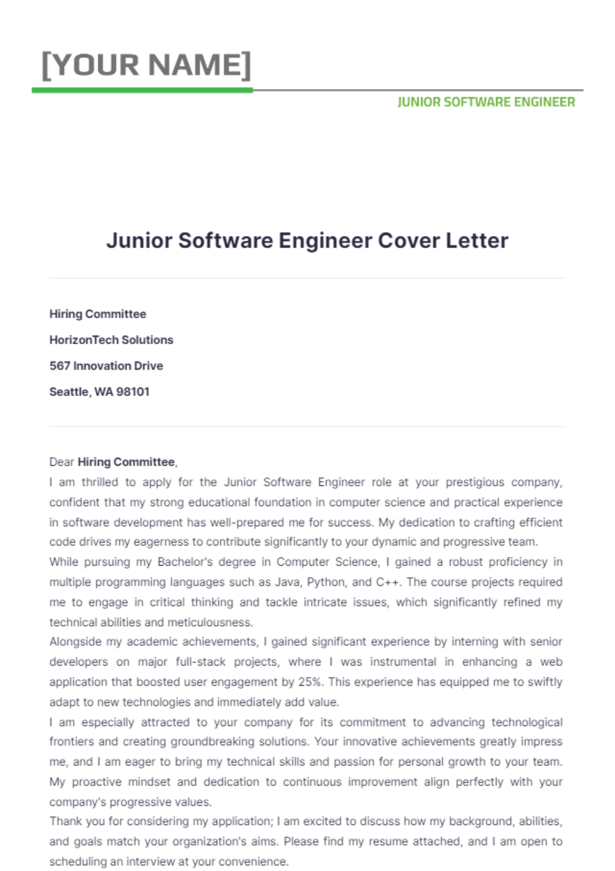 Junior Software Engineer Cover Letter - Edit Online & Download