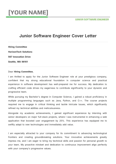 Free Junior Software Engineer Cover Letter to Edit Online