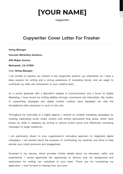 Free Copywriter Cover Letter For Fresher to Edit Online