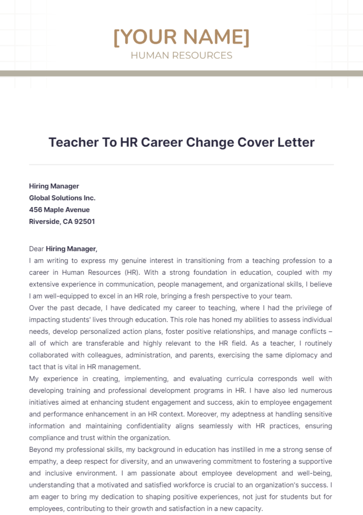 Teacher To HR Career Change Cover Letter - Edit Online & Download